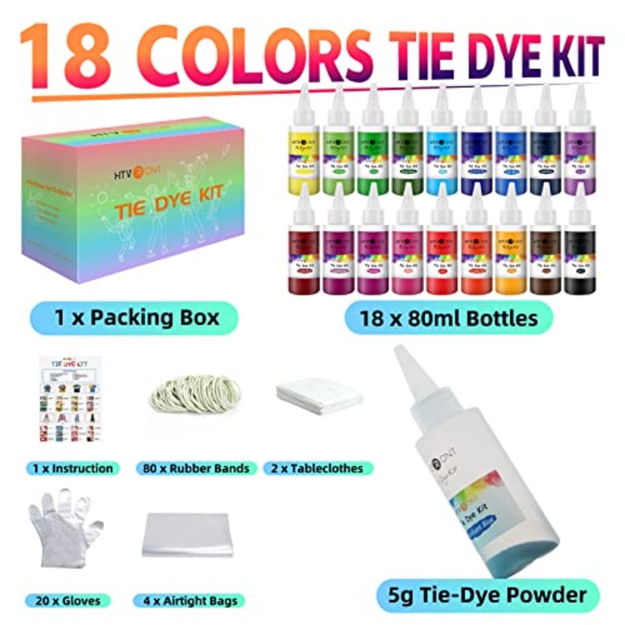 Tie Dye Kit for Kids and Adults - 18 Colors 80ML Pre-Filled Bottles Permanent Non-Toxic Tye Dye Kits for Clothing T-Shirt Fabric Textile Craft Party Handmade Project(Just Add Water)